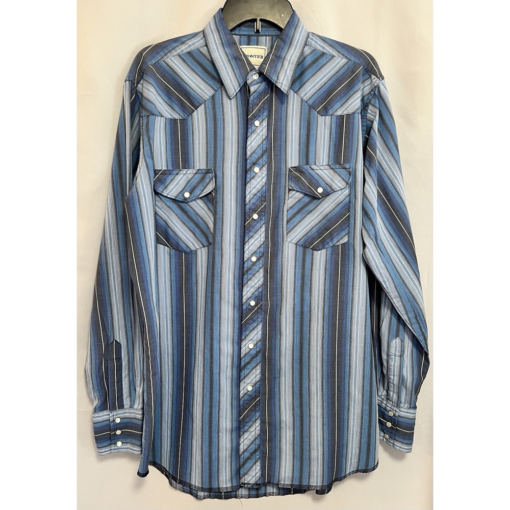 Vintage Frontier Cowboy‎ Shirt Mens Large Blue Striped Pearl Snap Y2K